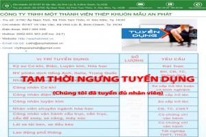 CÔNG TY TNHH MỘT THÀNH VIÊN THÉP KHUÔN MẪU AN PHÁT THÔNG BÁO TUYỂN DỤNG NĂM tháng 02/2018